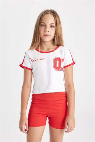 Girl Crew Neck Printed Ribbed Crop T-Shirt