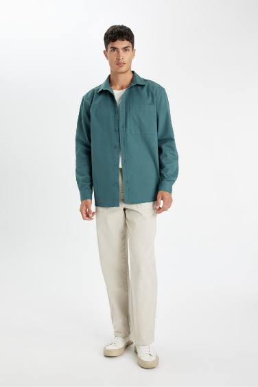 %100 Pamuk Relax Fit Basic Düz Uzun Kollu Gömlek Ceket