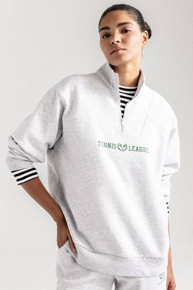 DeFactoFit Oversize Geniş Kalıp Dik Yaka Spor Baskılı Sporcu Sweatshirt