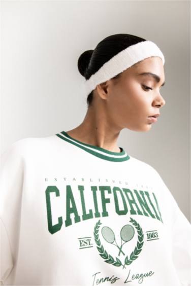 DeFactoFit Oversize Geniş Kalıp Bisiklet Yaka Baskılı Sporcu Sweatshirt