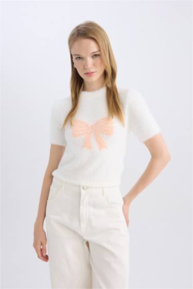 Regular Fit Ribbon Bow Detailed Crew Neck Plush Knitwear Pullover