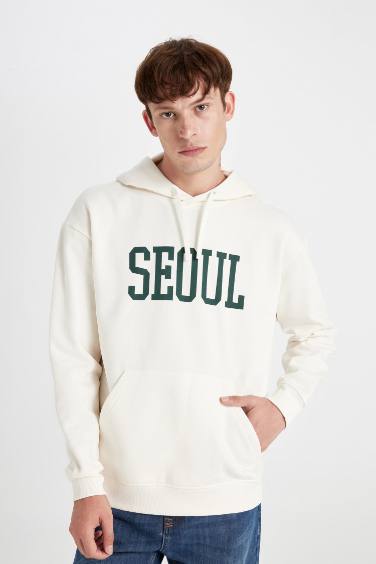 Erkek Ekru Boxy Fit Kapüşonlu Slogan Baskılı Sweatshirt