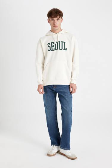 Boxy Fit Kapüşonlu Cepli Baskılı Sweatshirt