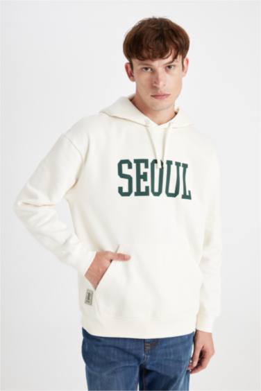 Boxy Fit Kapüşonlu Cepli Baskılı Sweatshirt