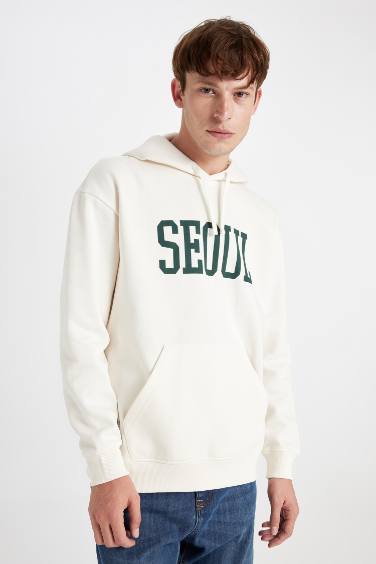 Boxy Fit Kapüşonlu Cepli Baskılı Sweatshirt