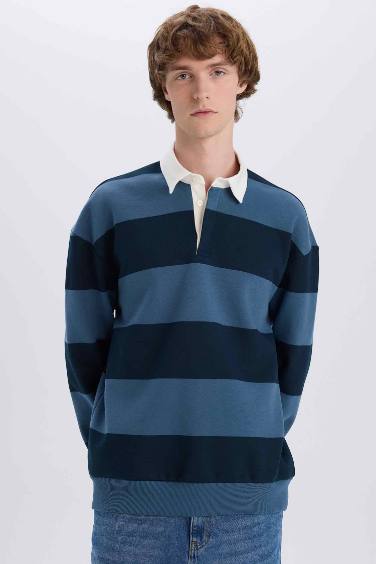 Boxy Fit Polo Collar Striped Sweatshirt