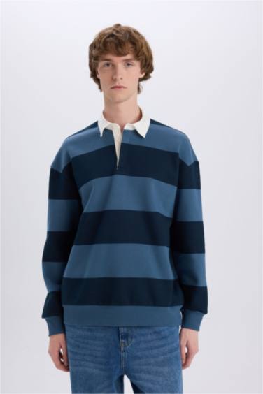 Boxy Fit Polo Yaka Çizgili Sweatshirt