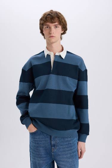Boxy Fit Polo Yaka Çizgili Sweatshirt
