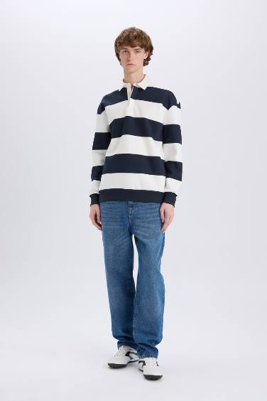 Boxy Fit Polo Yaka Çizgili Sweatshirt