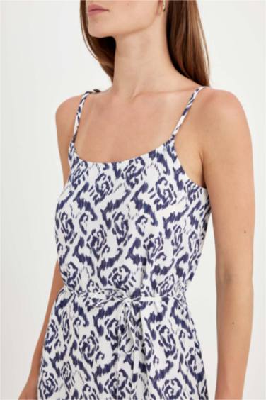 Yuvarlak Yaka Desenli Maroken Askılı Midi Elbise