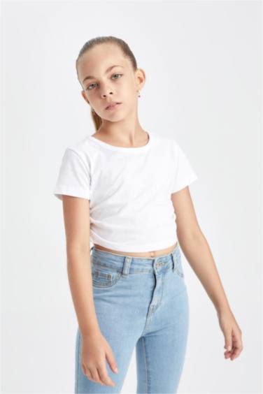 Girl Crop Crew Neck Basic T-Shirt
