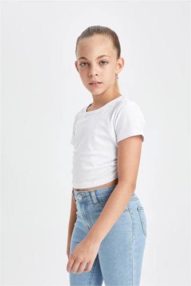 Girl Crop Crew Neck Basic T-Shirt