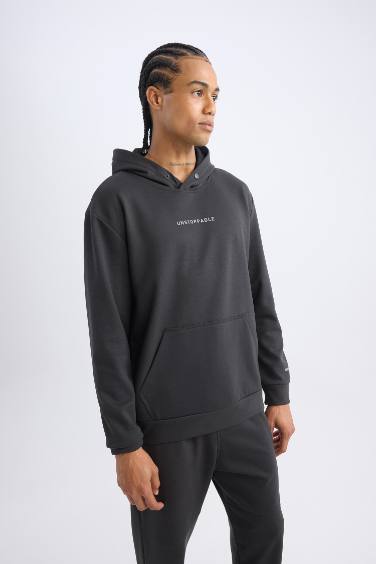 DeFactoFit Standart Fit Kapüşonlu Arma Baskılı Kanguru Cepli Skuba Dalgıç Kumaş Sporcu Sweatshirt