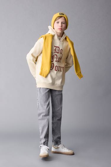 Erkek Çocuk Oversize Geniş Kalıp Kapüşonlu Baskılı Sweatshirt