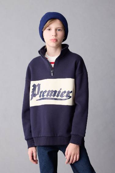 Boy Oversize Fit Half Zipper Color Block Printed Thick Sweatshirt