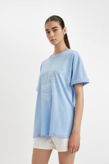 Oversize Fit Crew Neck Marine Printed T-Shirt