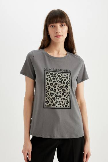 Regular Fit Crew Neck Animal Print Cotton Short Sleeve T-Shirt