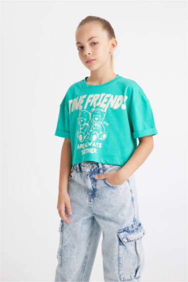 Girl Crew Neck Printed Crop T-Shirt