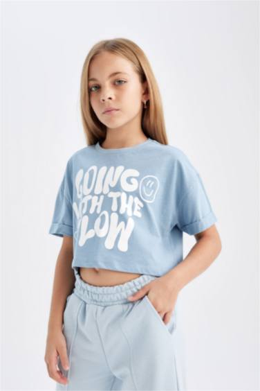 Girl Crew Neck Printed Crop T-Shirt