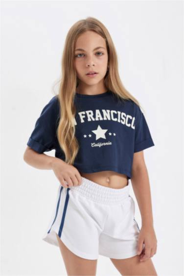 Girl Crew Neck Printed Crop T-Shirt