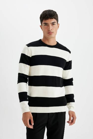 Black Standard Fit Crew Neck Striped Knitted Pullover