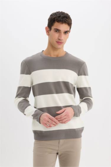 Standart Fit Bisiklet Yaka Çizgili Triko Kazak