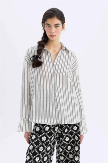 Lug Von Siga x DeFacto %100 Keten Oversize Çizgili Uzun Kollu Gömlek
