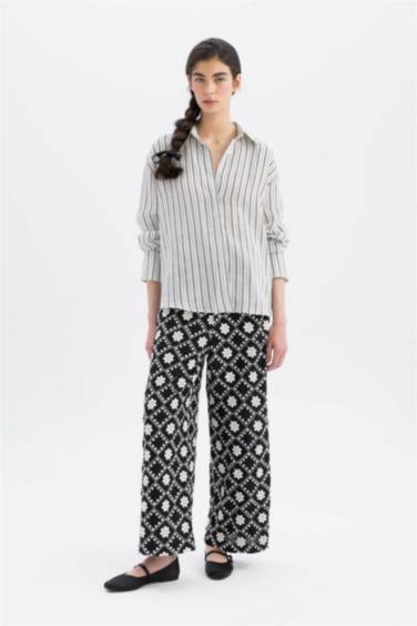 Lug Von Siga x DeFacto %100 Keten Oversize Çizgili Uzun Kollu Gömlek