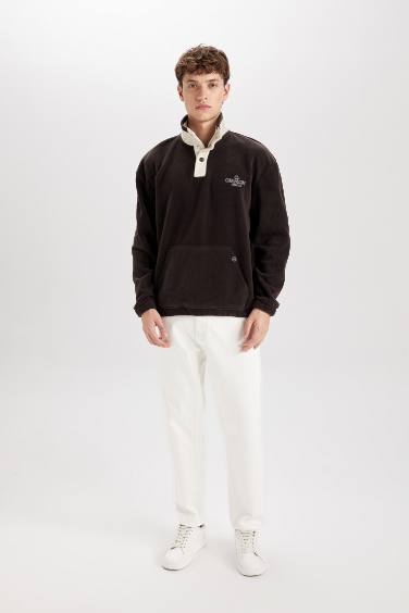 Boxy Fit Snap Closure Stand Collar Polar Sweatshirt