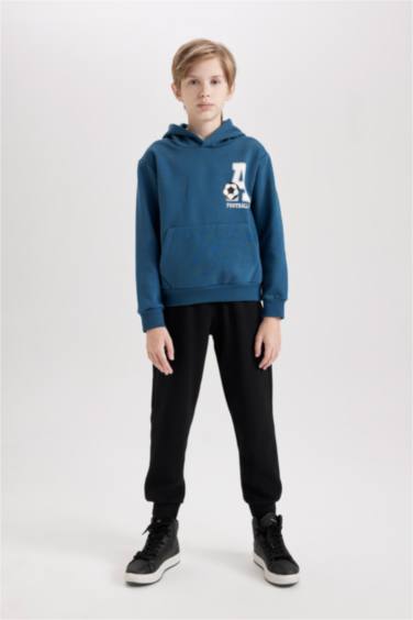 Erkek Çocuk 2'li Takım Baskılı Kapüşonlu Kanguru Cepli Sweatshirt Jogger Eşofman Altı