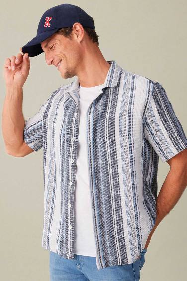 Regular Fit Resort Collar Striped Short Sleeve Shirt