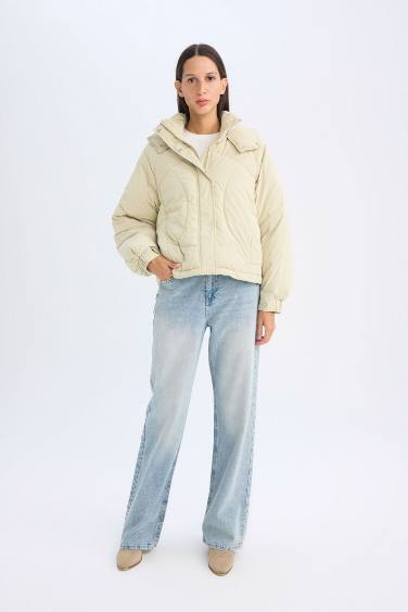 Su Geçirmez Kapüşonlu Kapitoneli Cepli Fermuarlı Mont