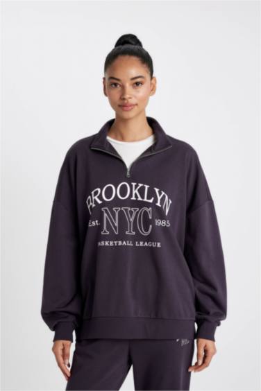 DeFactoFit Oversize Geniş Kalıp Yarım Fermuarlı Baskılı Sporcu Sweatshirt