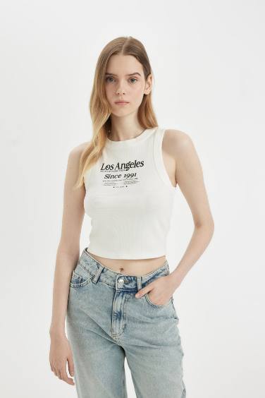 Fitted Printed Crew Neck Ribbed Camisole Crop Top