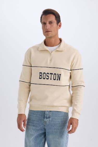 Relax Fit Dik Yaka Fermuarlı Baskılı Kalın Sweatshirt