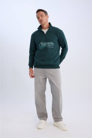 Relax Fit Dik Yaka Fermuarlı Baskılı Kalın Sweatshirt