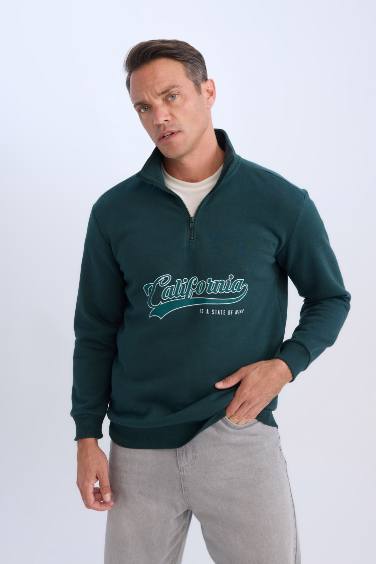 Relax Fit Dik Yaka Fermuarlı Baskılı Kalın Sweatshirt