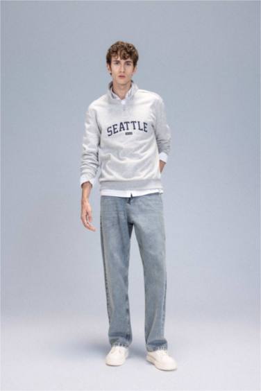 Relax Fit Fermuarlı Dik Yaka Baskılı Kalın Sweatshirt