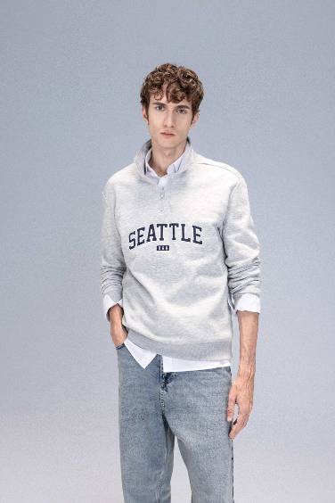 Relax Fit Fermuarlı Dik Yaka Baskılı Kalın Sweatshirt