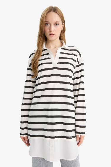 Regular Fit Polo Yaka Çizgili Uzun Kollu Tunik