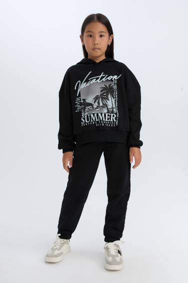 Kız Çocuk 2'li Takım Kapüşonlu Baskılı Sweatshirt Beli Lastikli Jogger Alt