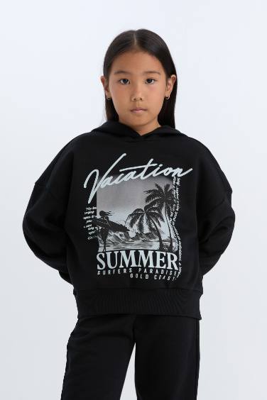 Kız Çocuk 2'li Takım Kapüşonlu Baskılı Sweatshirt Beli Lastikli Jogger Alt