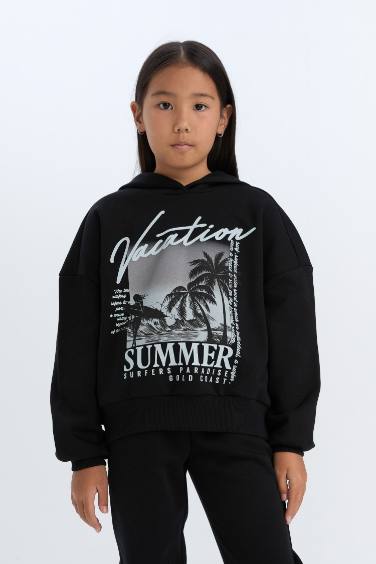 Kız Çocuk 2'li Takım Kapüşonlu Baskılı Sweatshirt Beli Lastikli Jogger Alt