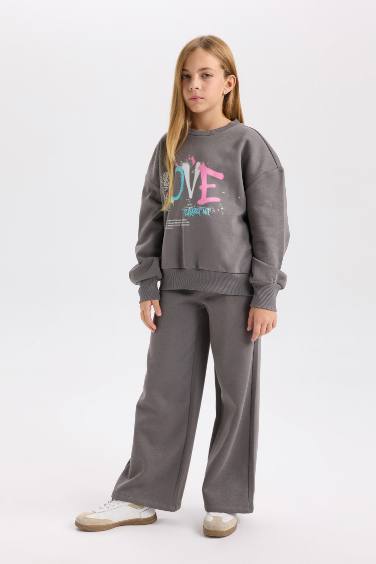 Kız Çocuk 2'li Takım Baskılı Sweatshirt Beli Lastikli Eşofman Altı