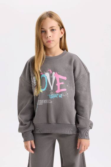 Kız Çocuk 2'li Takım Baskılı Sweatshirt Beli Lastikli Eşofman Altı