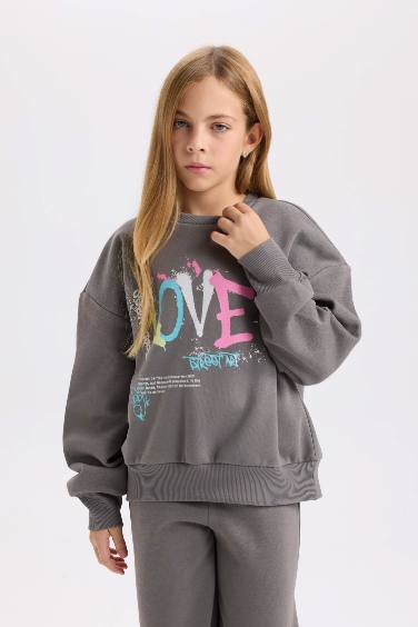 Kız Çocuk 2'li Takım Baskılı Sweatshirt Beli Lastikli Eşofman Altı