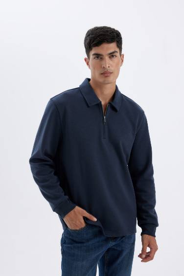 Regular Fit Polo Yaka Yarım Fermuarlı Basic Düz Sweatshirt