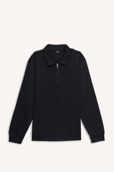 Regular Fit Polo Yaka Yarım Fermuarlı Basic Düz Sweatshirt