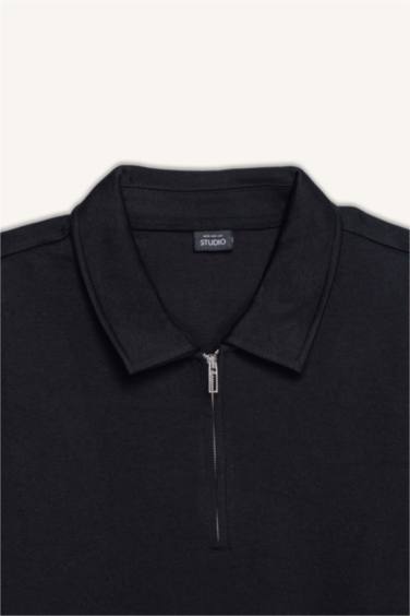 Regular Fit Polo Yaka Yarım Fermuarlı Basic Düz Sweatshirt