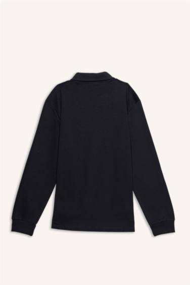 Regular Fit Polo Yaka Yarım Fermuarlı Basic Düz Sweatshirt